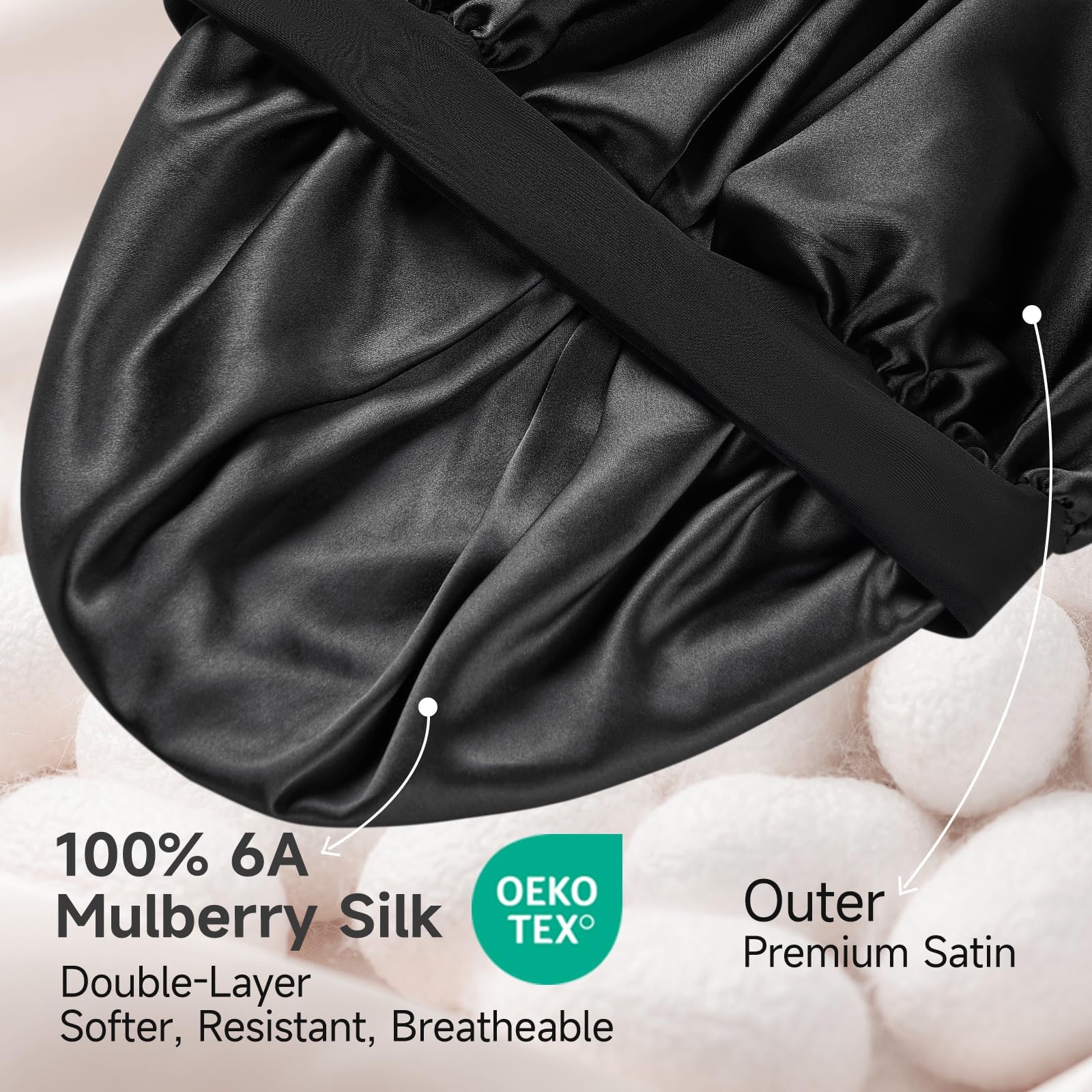 Umisleep silk bonnet interior lining reduces friction for hair protection.