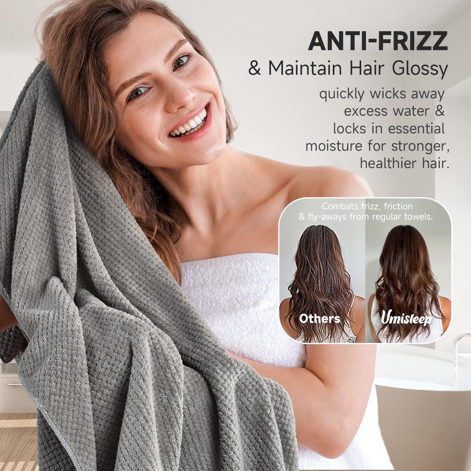 Umisleep hair towel absorb-1-sec-drying demonstrating fast moisture removal.