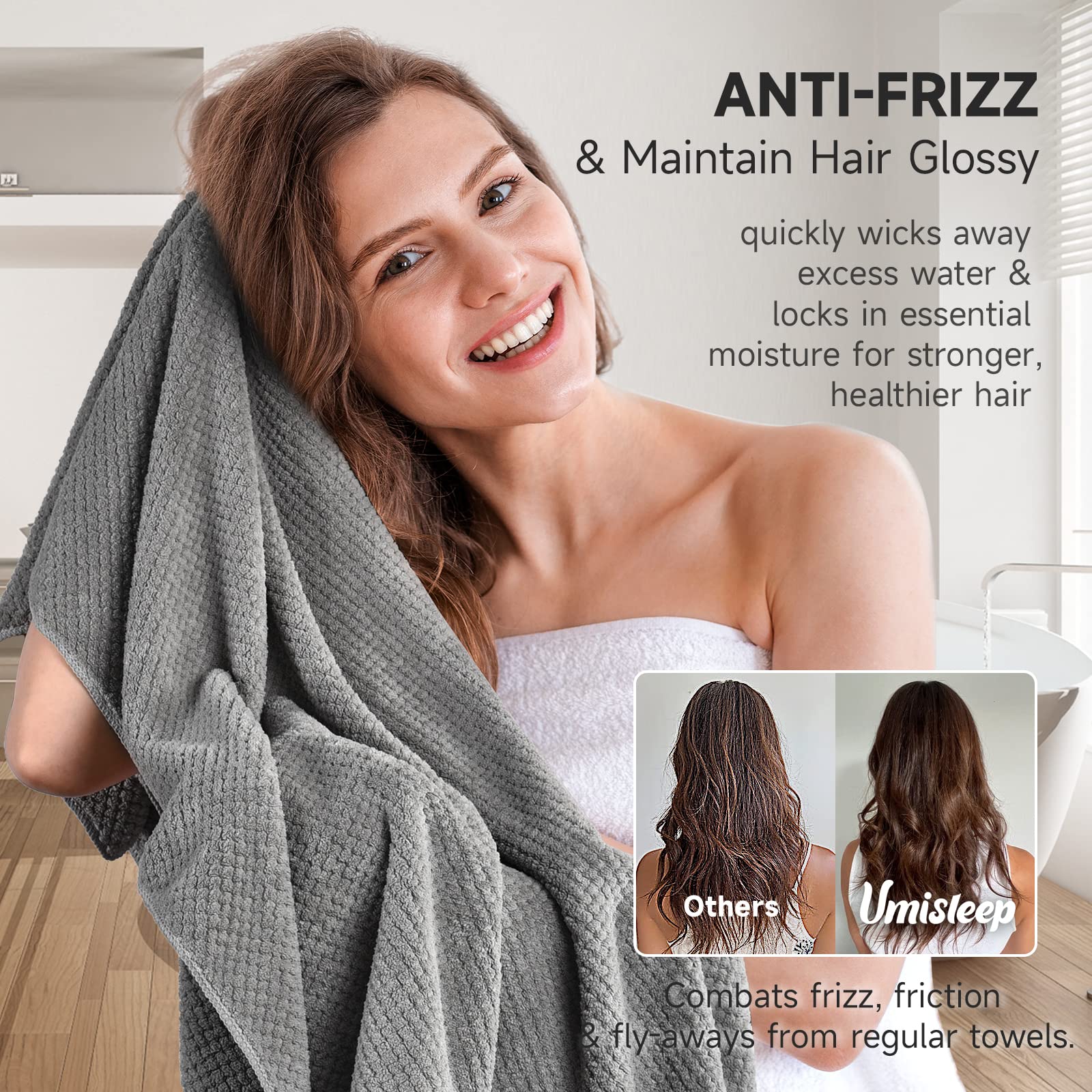 Umisleep extra-large towel soft texture shows gentle care for curly hair.