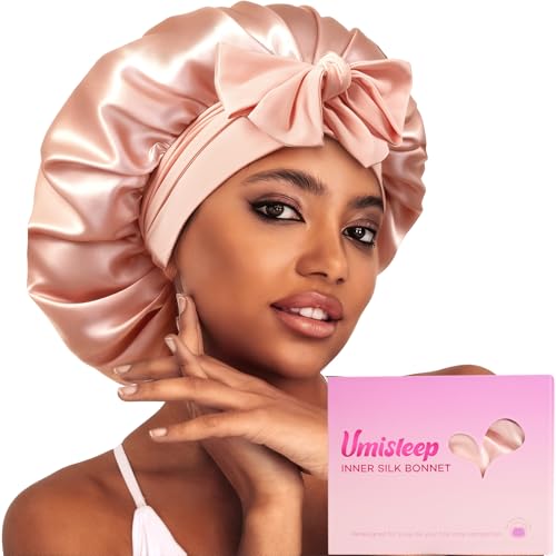 Umisleep silk bonnet closeup shows premium mulberry silk for gentle, frizz-free hair.