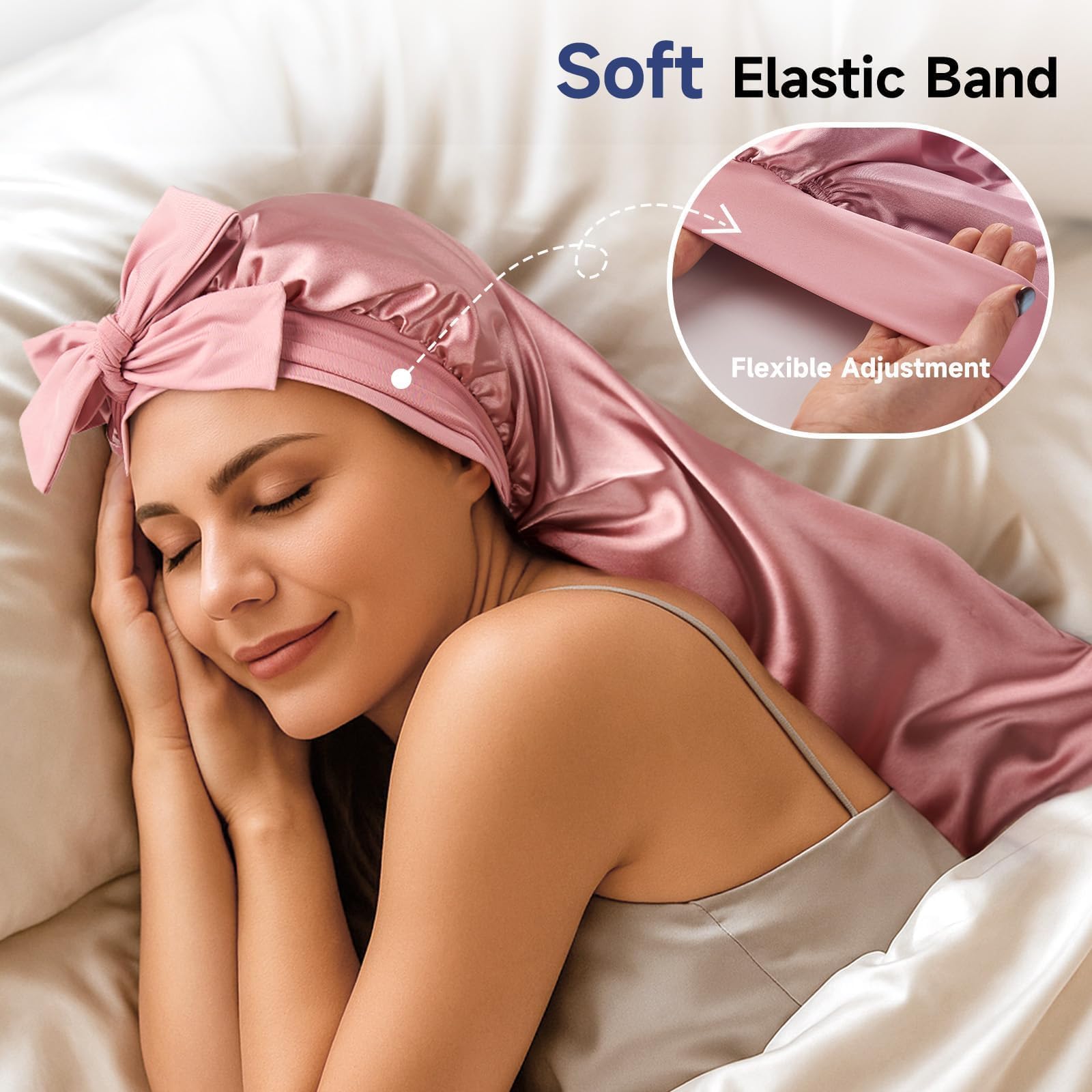 Umisleep Silk Bonnet double-layer satin wrap preserves oils and guards pillow.