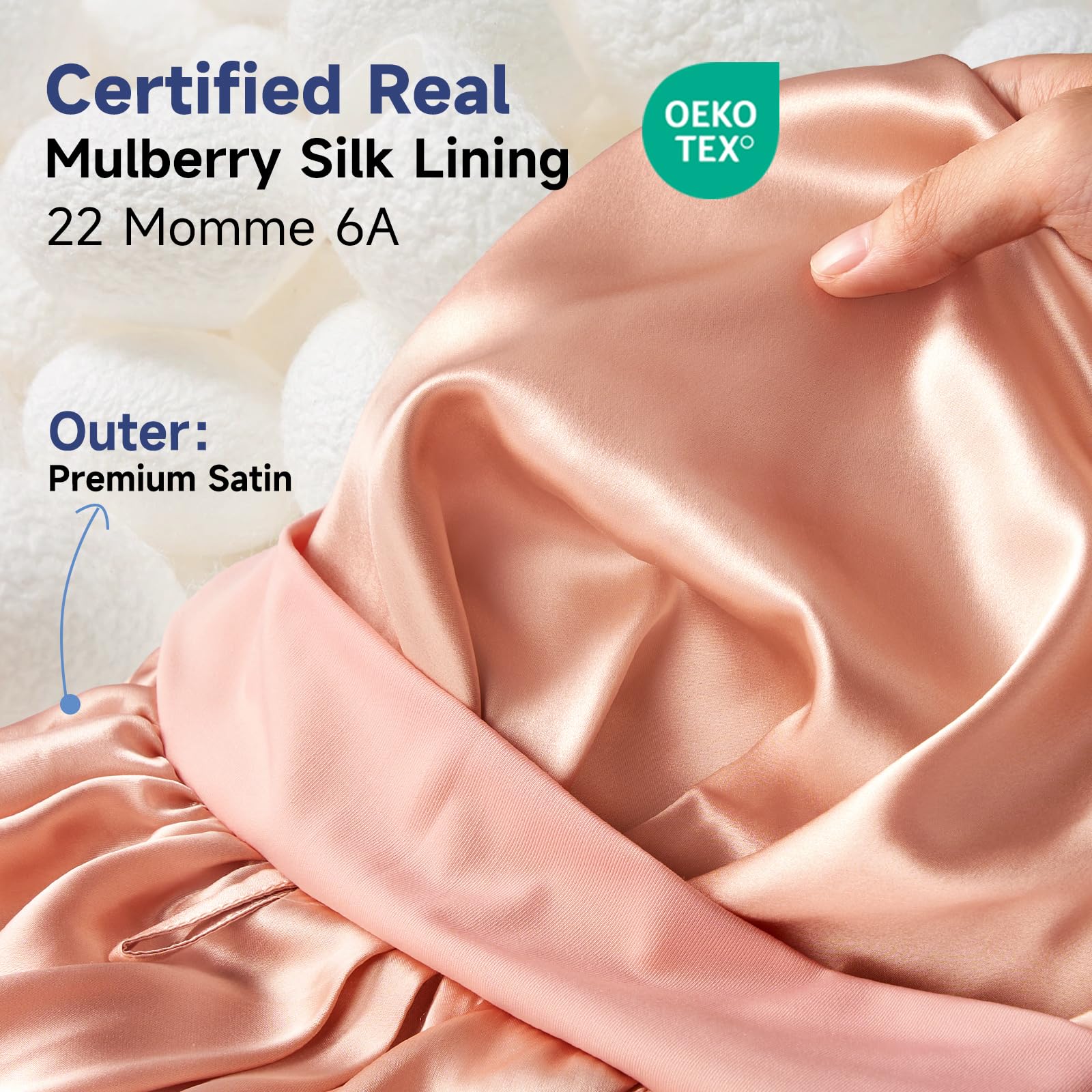 Umisleep silk bonnet interior lining highlights 22 Momme silk for moisture retention.