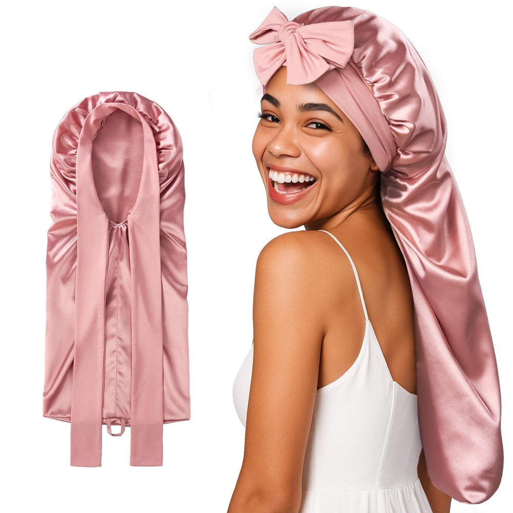 Umisleep Silk Bonnet pink closeup shows luxurious 22 momme silk for gentle hair care.