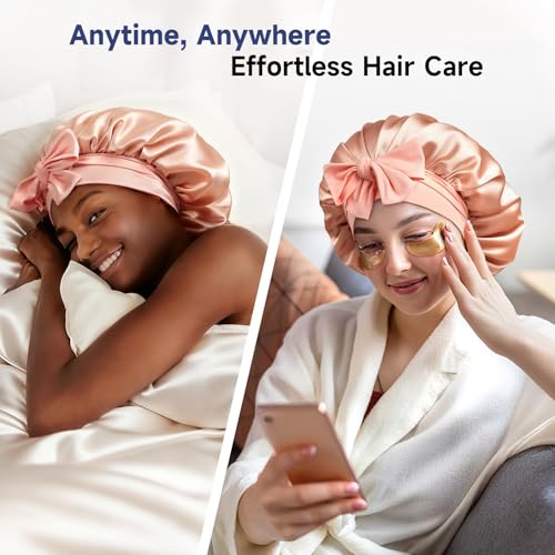 Umisleep bonnet worn during sleep promotes smooth morning hair and reduced frizz.
