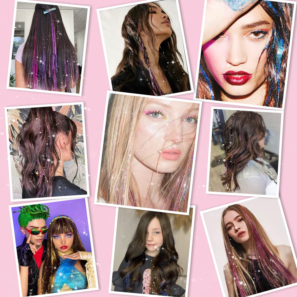 Umylar cosplay carnival glitter hair tinsel enhances costume accents.