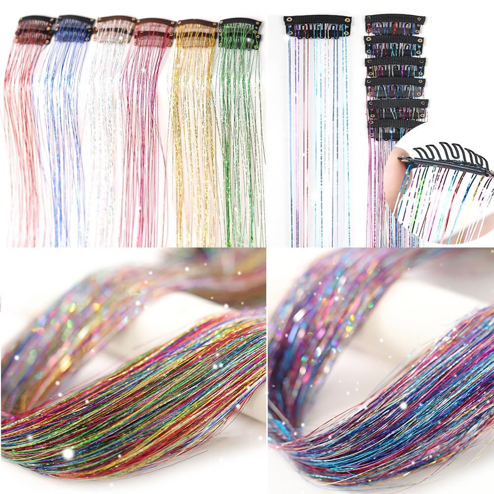 Umylar sparkling-tinsel clip-in hair extensions create shimmering color accents.