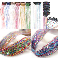 Umylar sparkling-tinsel clip-in hair extensions create shimmering color accents.