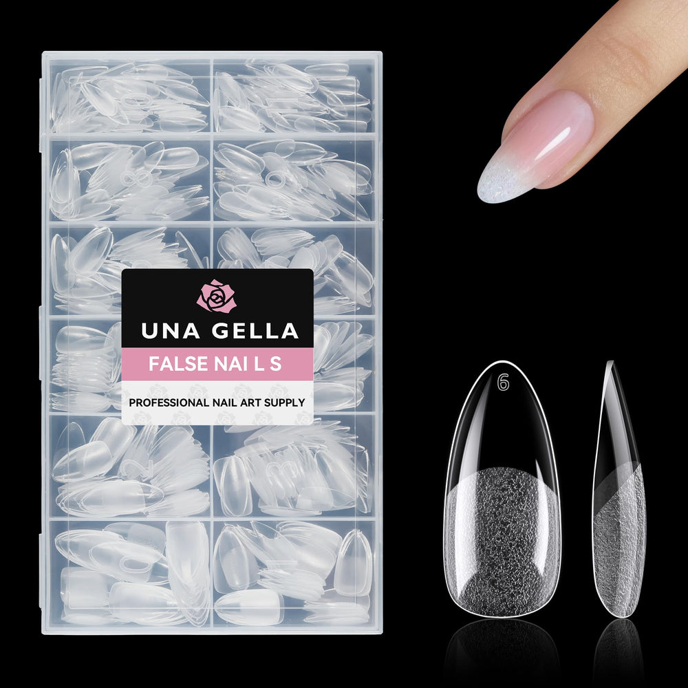 UNA GELLA 504Pcs almond nail tips packaging for quick extensions and professional-looking results.