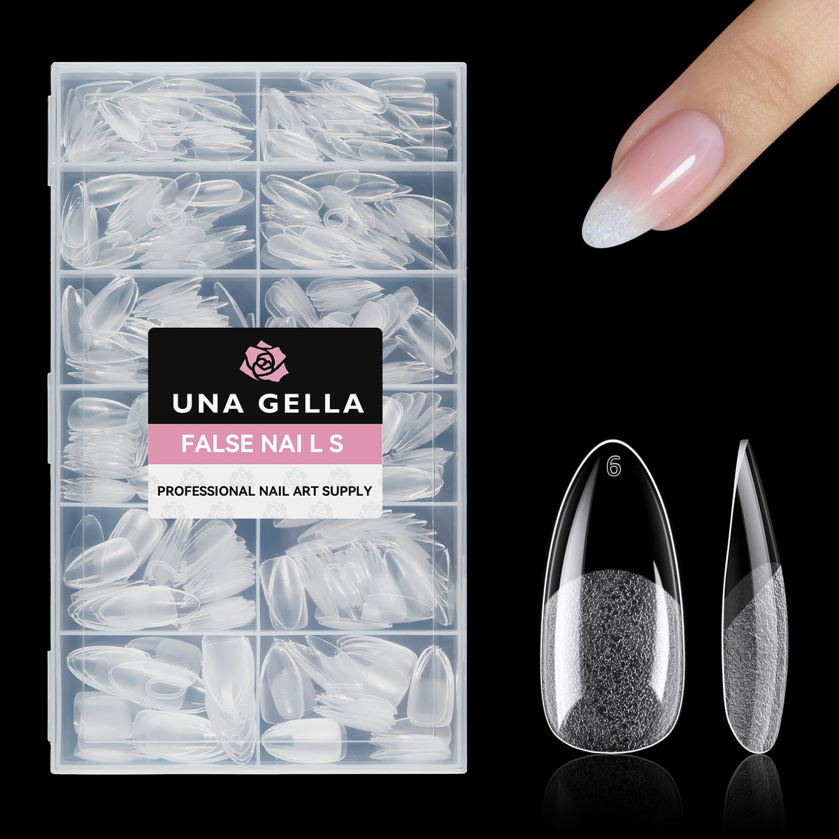 UNA GELLA 504Pcs almond nail tips packaging for quick extensions and professional-looking results.