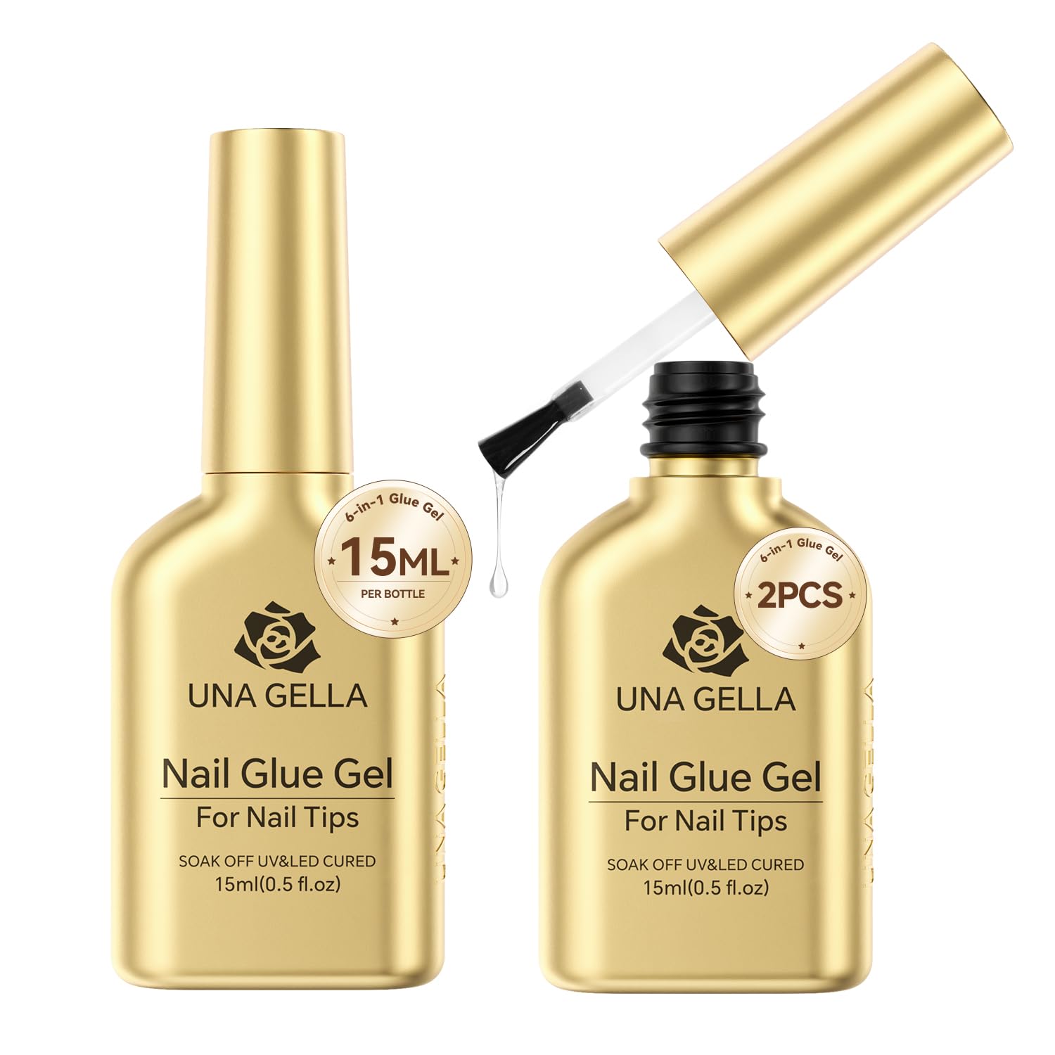 UNA GELLA 6in1 nail glue 2pcs 15ml shows compact bottles for durable adhesion on clear tips.