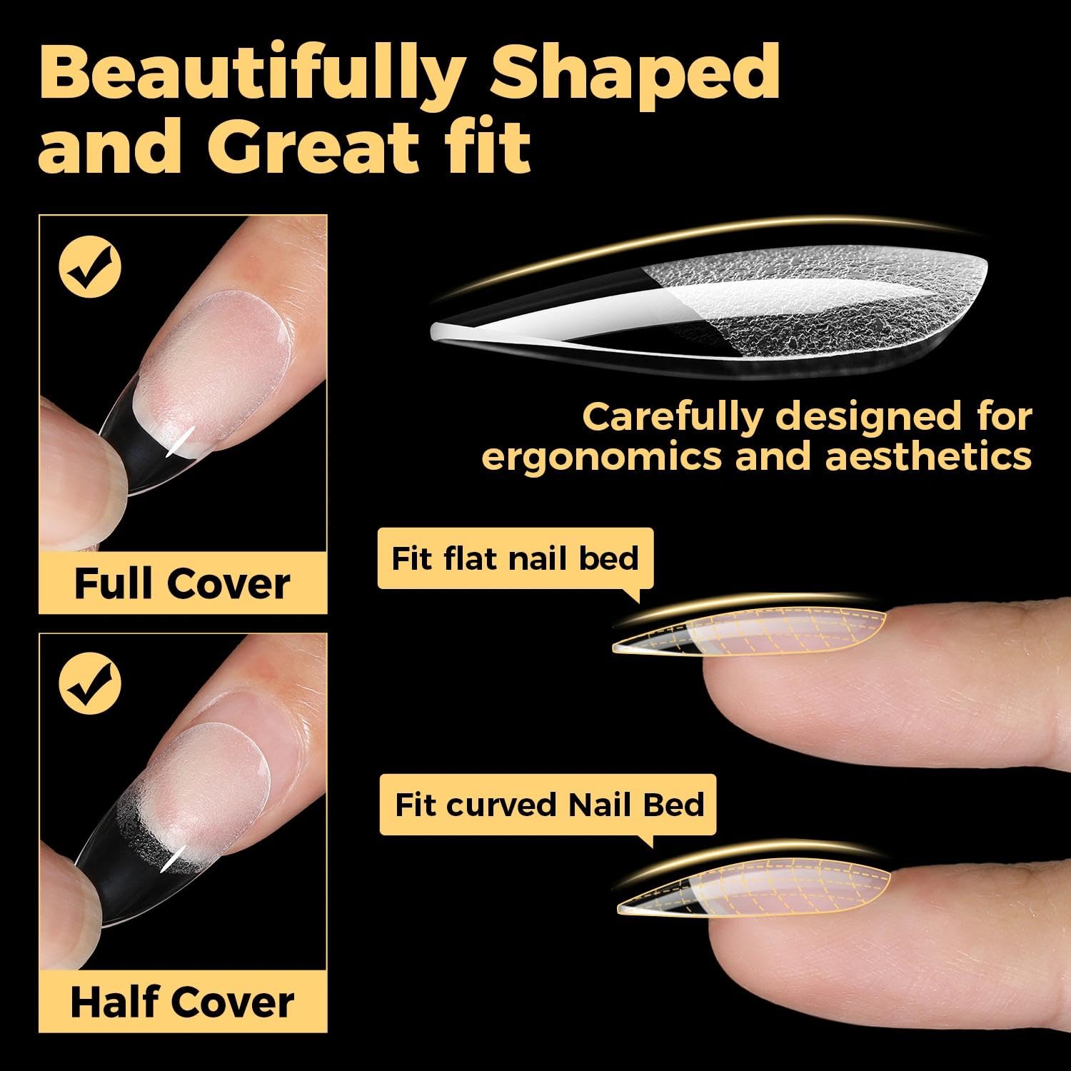 UNA GELLA almond tips clarity material highlights transparent base for easy shaping and painting.