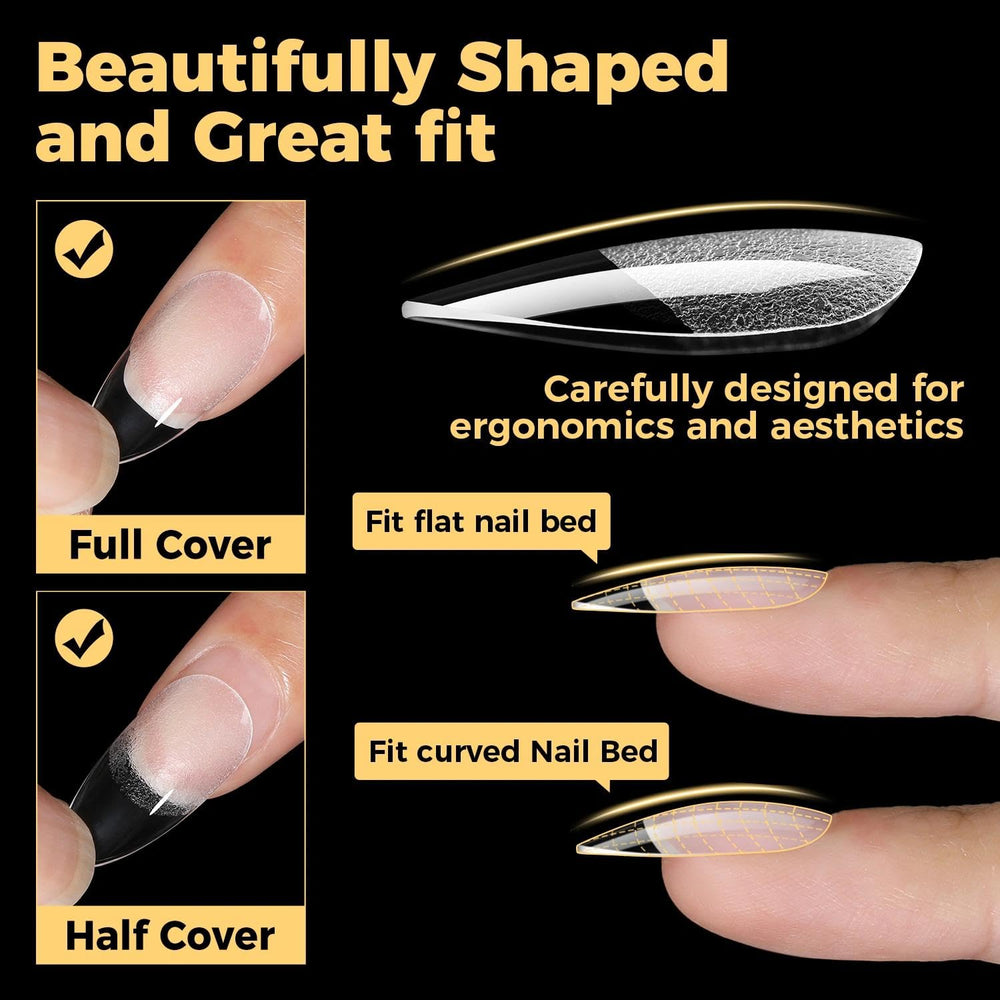 UNA GELLA almond tips clarity material highlights transparent base for easy shaping and painting.