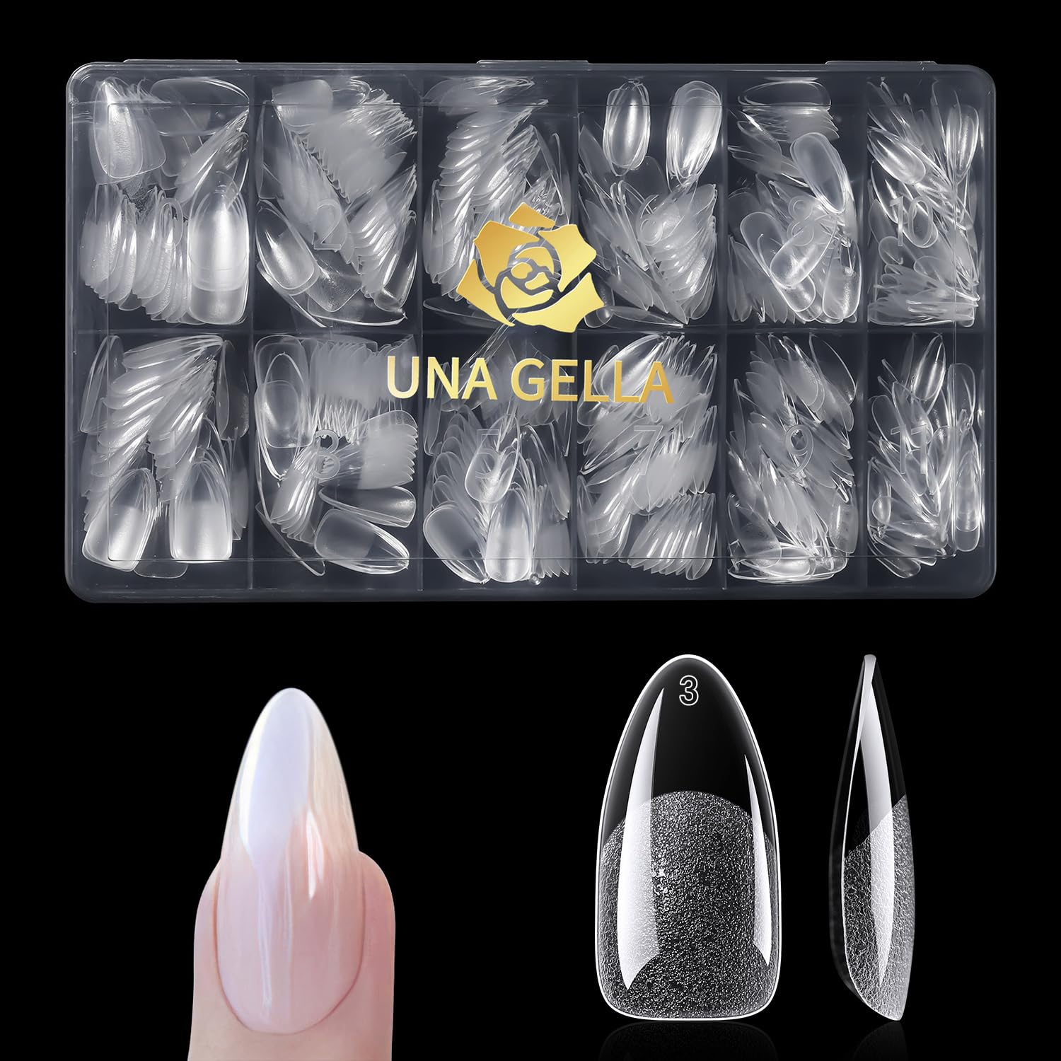 UNA GELLA almond tips curved-nail fit demonstrates compatibility with flat and curved beds.