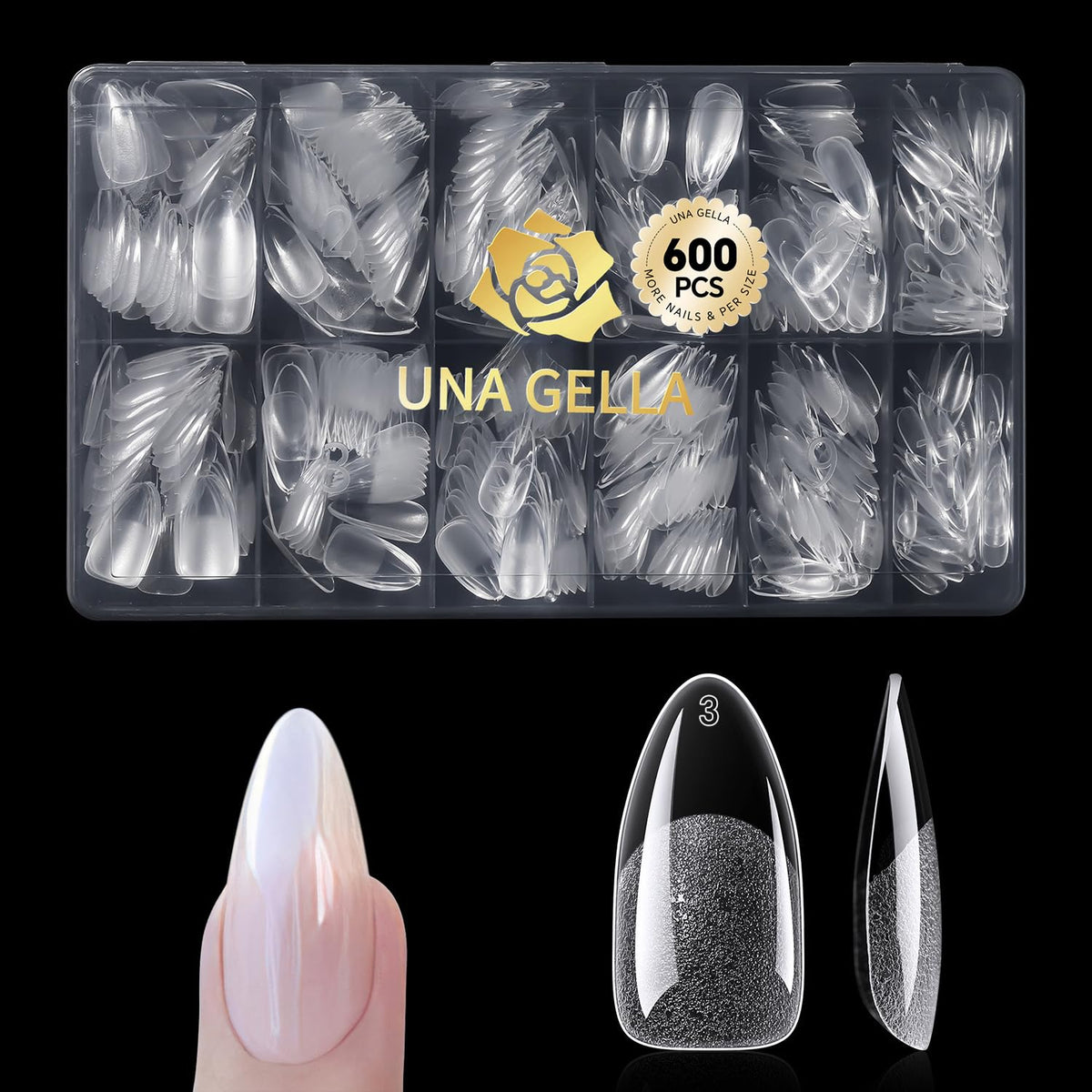 UNA GELLA almond tips pack closeup showcases clear, natural-looking nails for easy DIY upgrades.