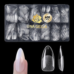 UNA GELLA almond tips pack closeup showcases clear, natural-looking nails for easy DIY upgrades.