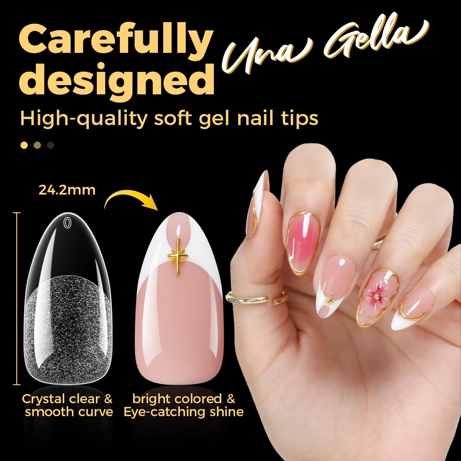 UNA GELLA almond tips packaging view highlights generous 600-piece supply.