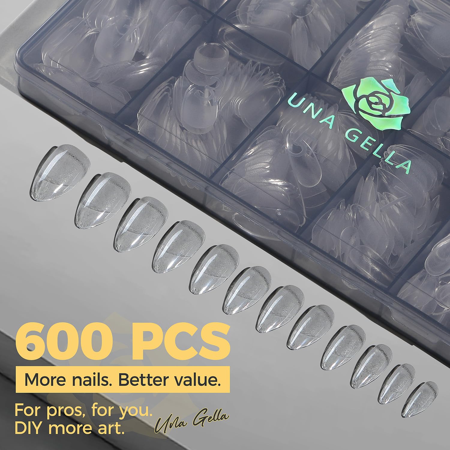 UNA GELLA almond tips pre-etched edges show smooth prep for natural-looking extensions.