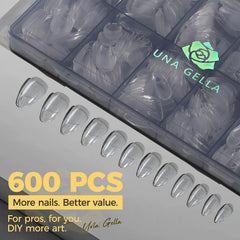 UNA GELLA almond tips pre-etched edges show smooth prep for natural-looking extensions.