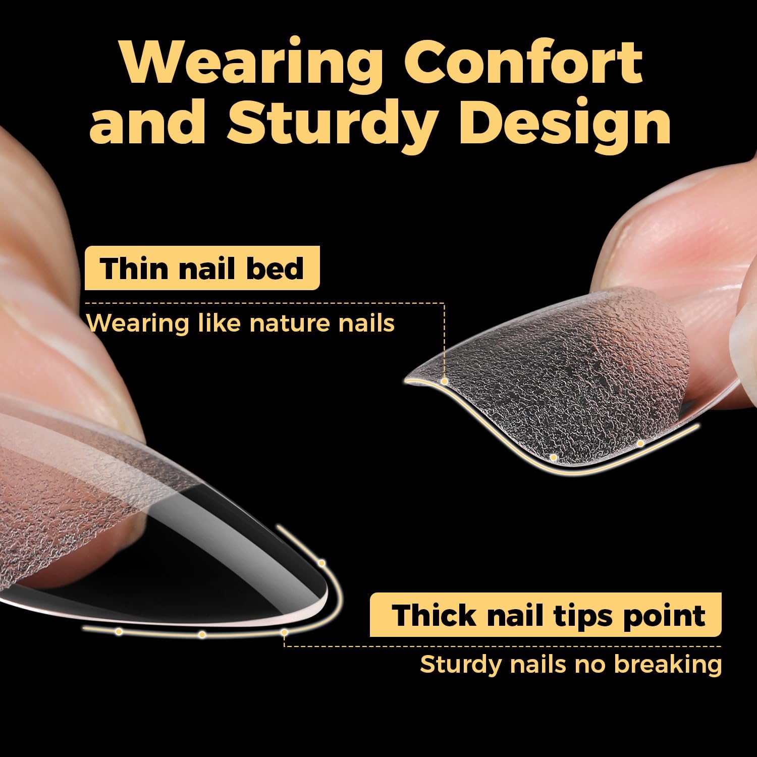 UNA GELLA almond tips soak-off design facilitates gentle removal with acetone.