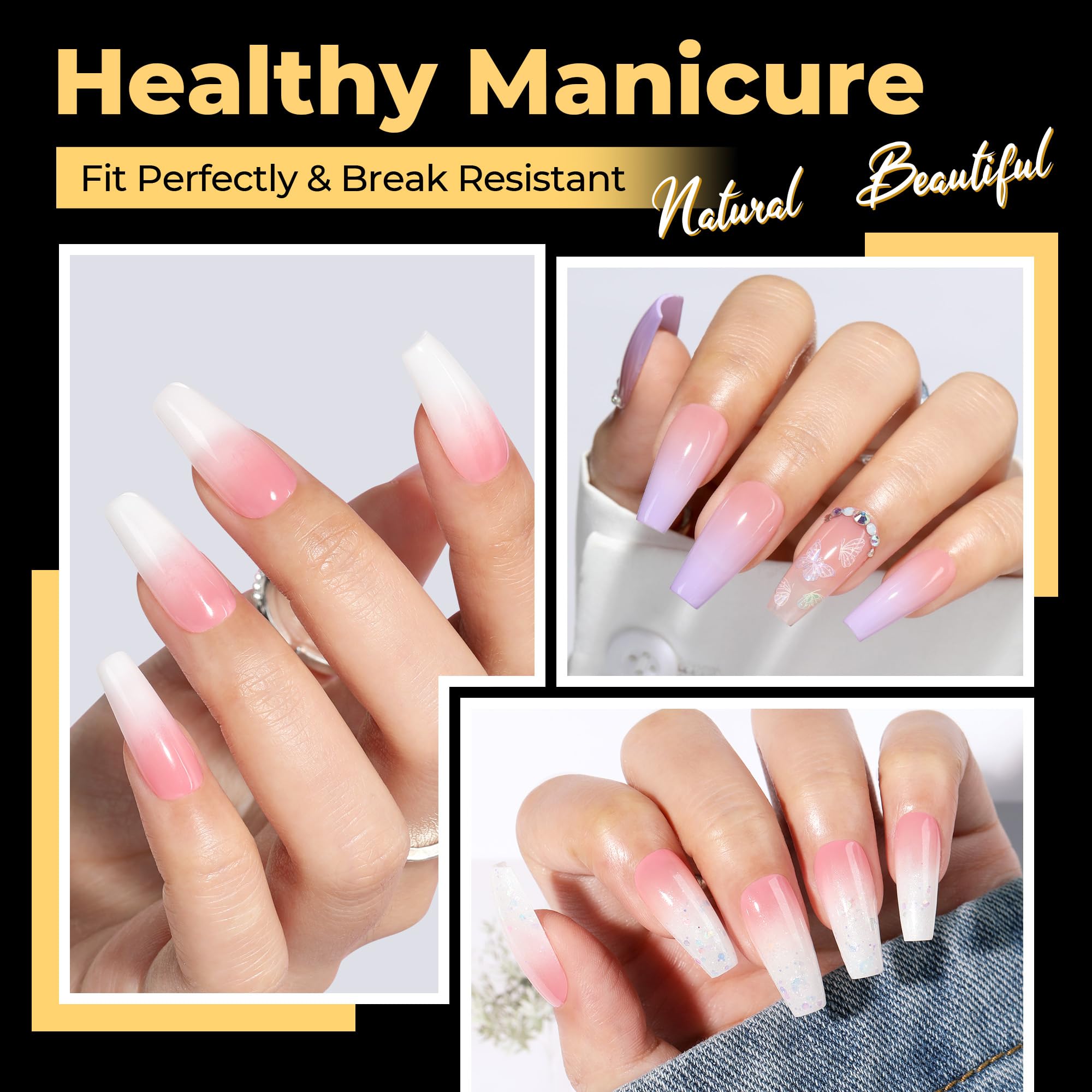 UNA GELLA coffin nails with clear cover for smooth ombre art.