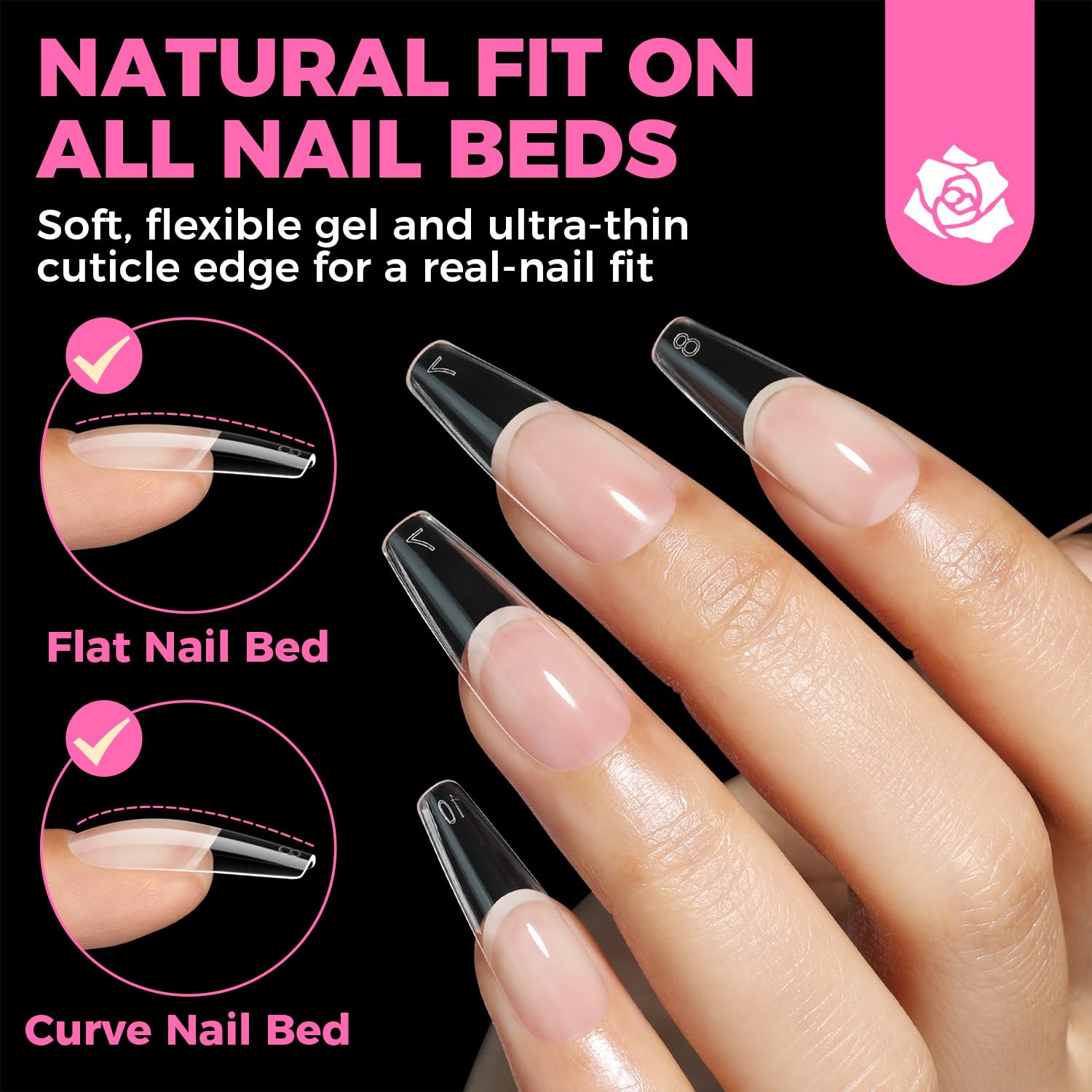 UNA GELLA clear long coffin nails closeup emphasizes transparent coverage for natural-looking length