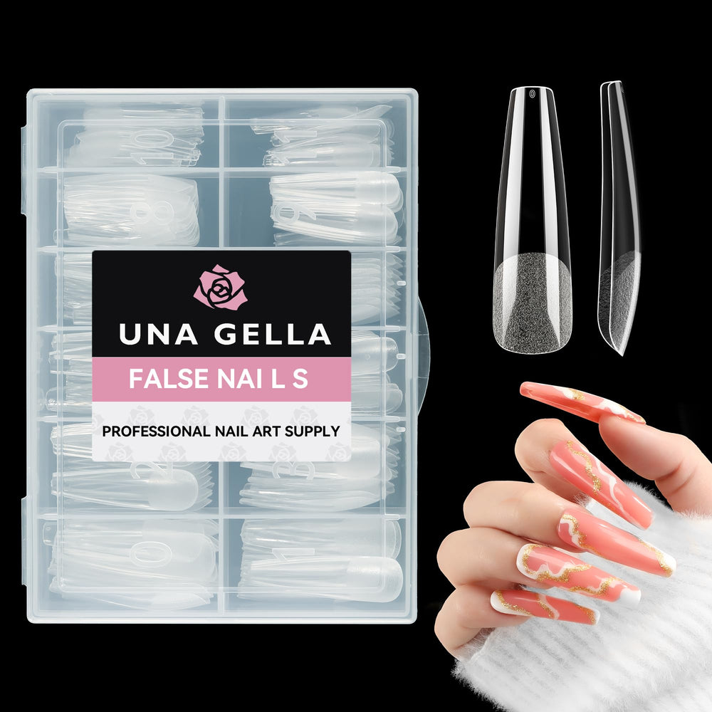 UNA GELLA extra-long coffin nail tips packaging for quick DIY manicures
