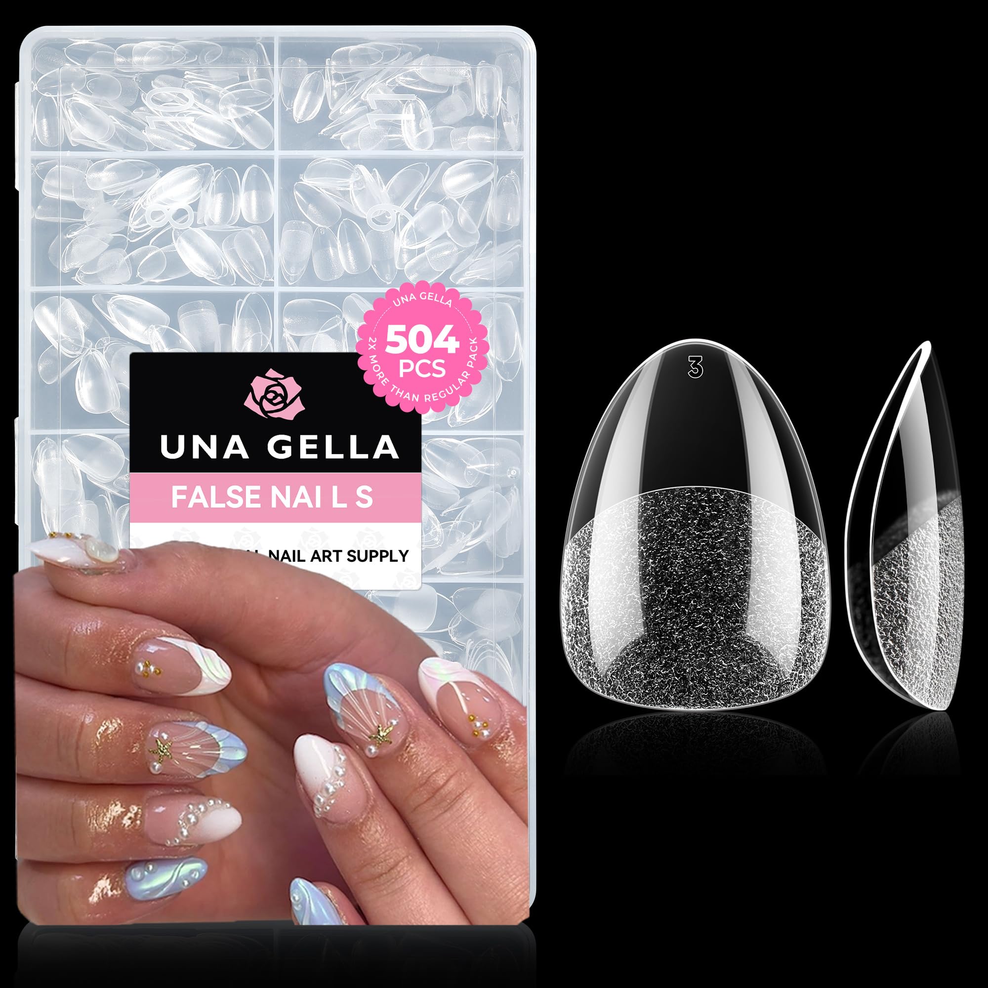 UNA GELLA extra short almond nail tips box with 504pcs for organized DIY manicure.