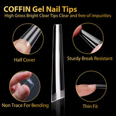 UNA GELLA half-cover gel tips offer secure adhesion with a seamless extension look.