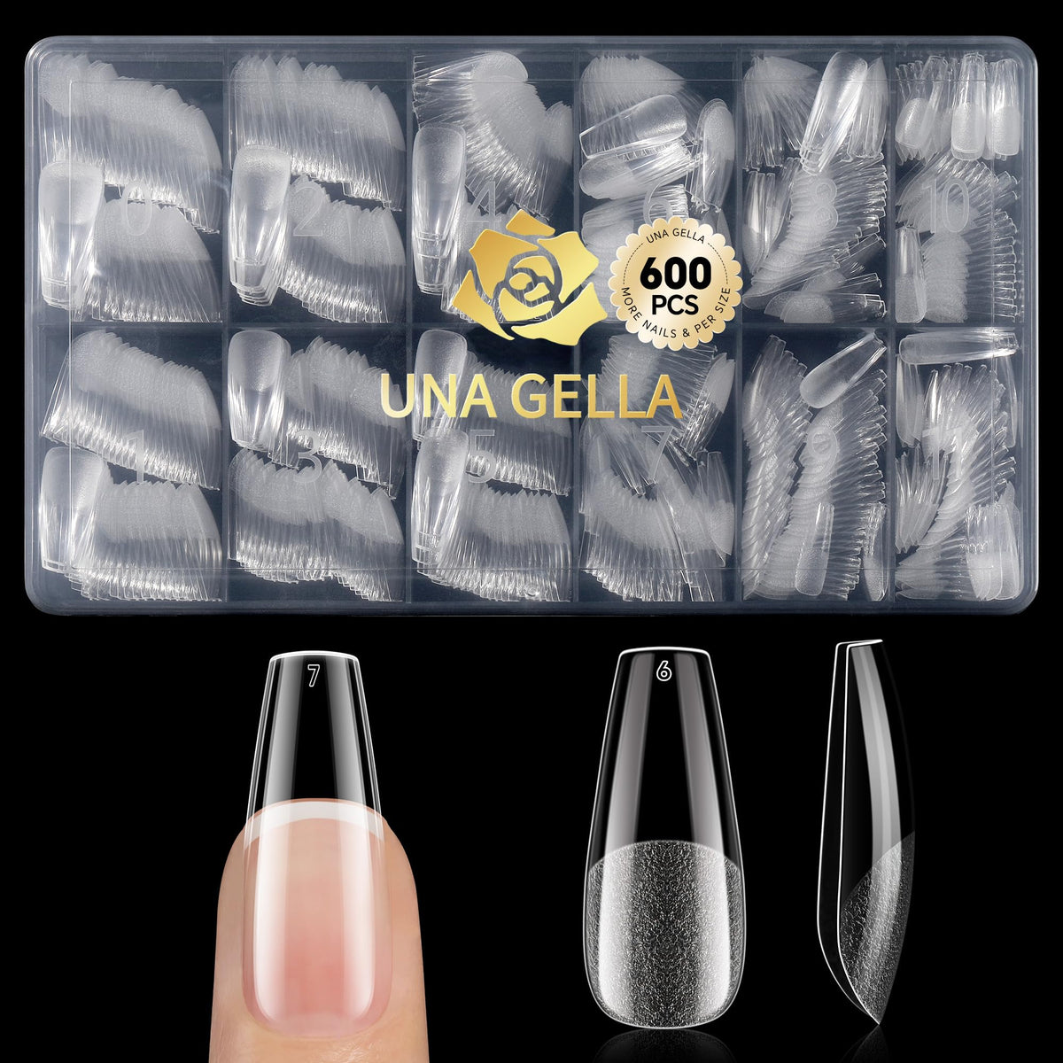UNA GELLA inner etched texture boosts adhesion on medium coffin tips.