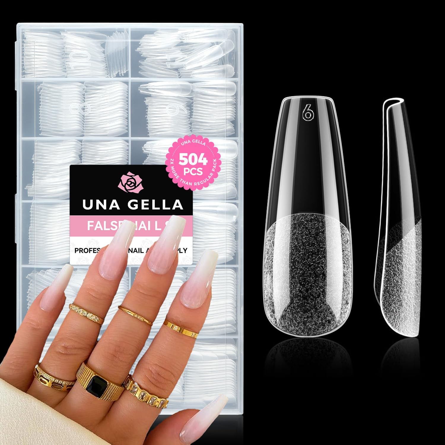 UNA GELLA long coffin nail tips package shows clear tips for salon-like at-home extensions