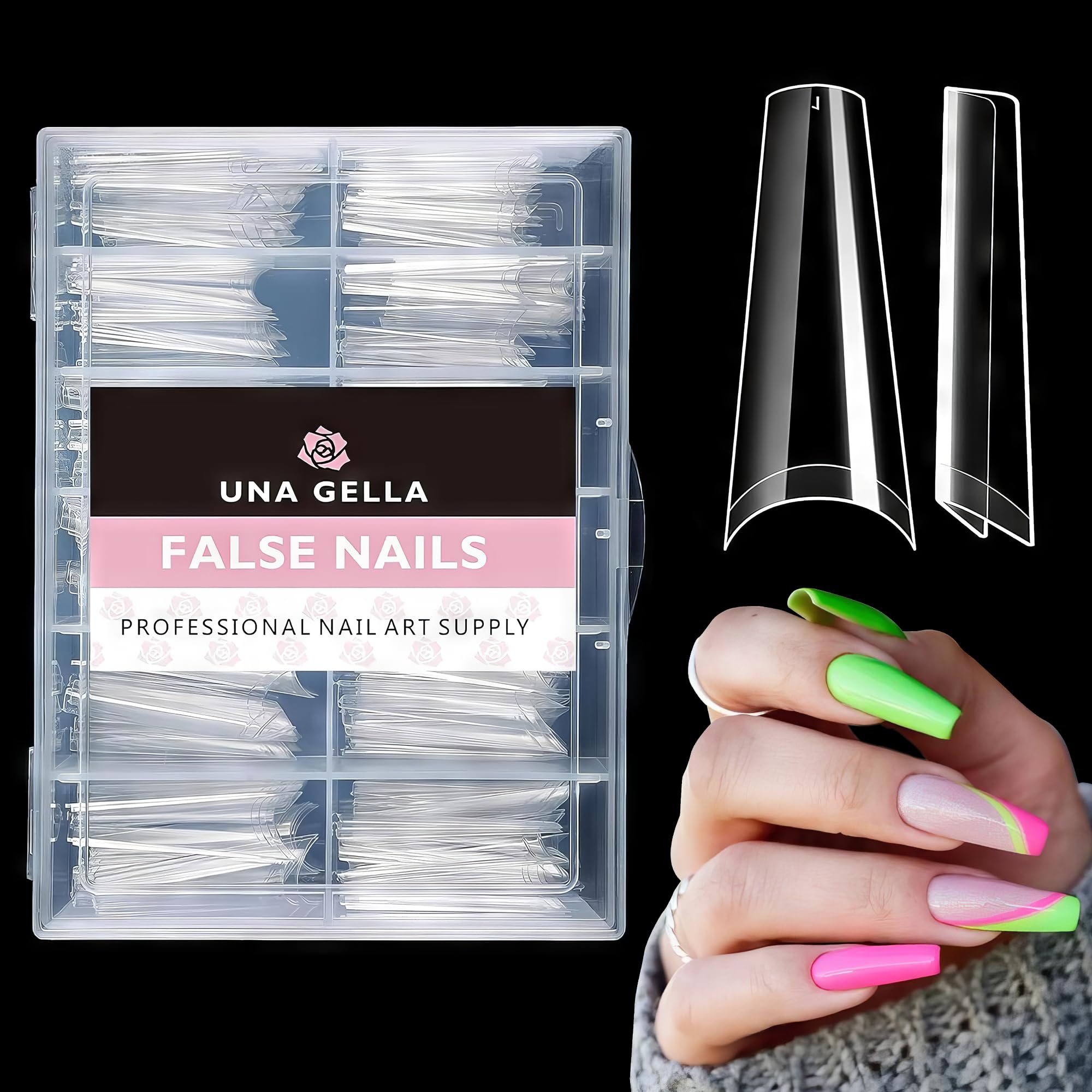 UNA GELLA long coffin nail tips visually extend nails for dramatic DIY salon-style extensions.