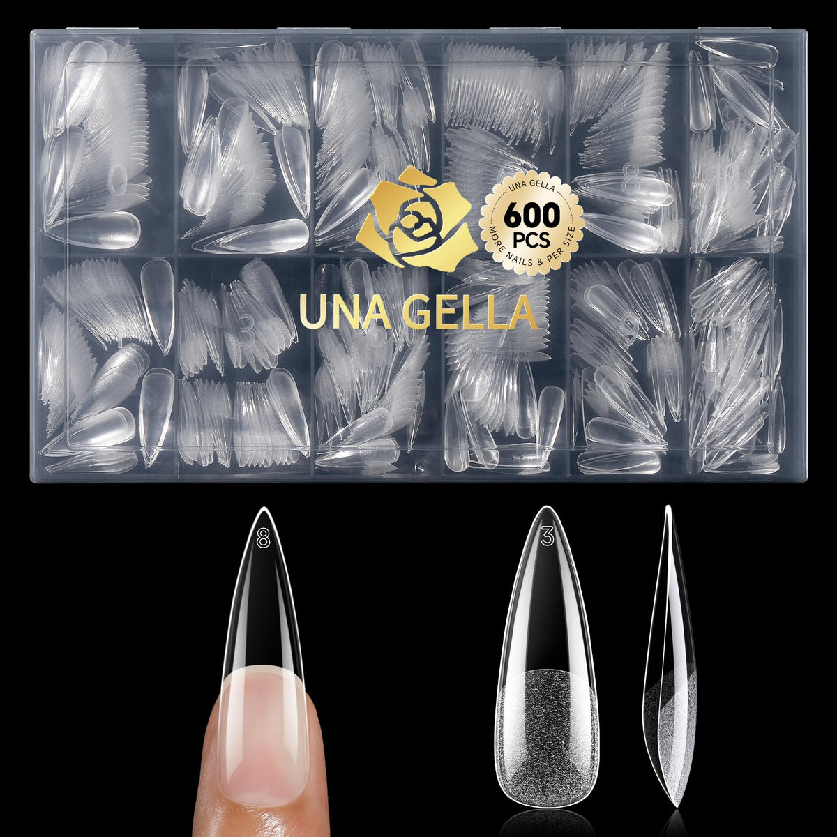 UNA GELLA long stiletto nail tips clear for durable DIY nails with a chic silhouette.