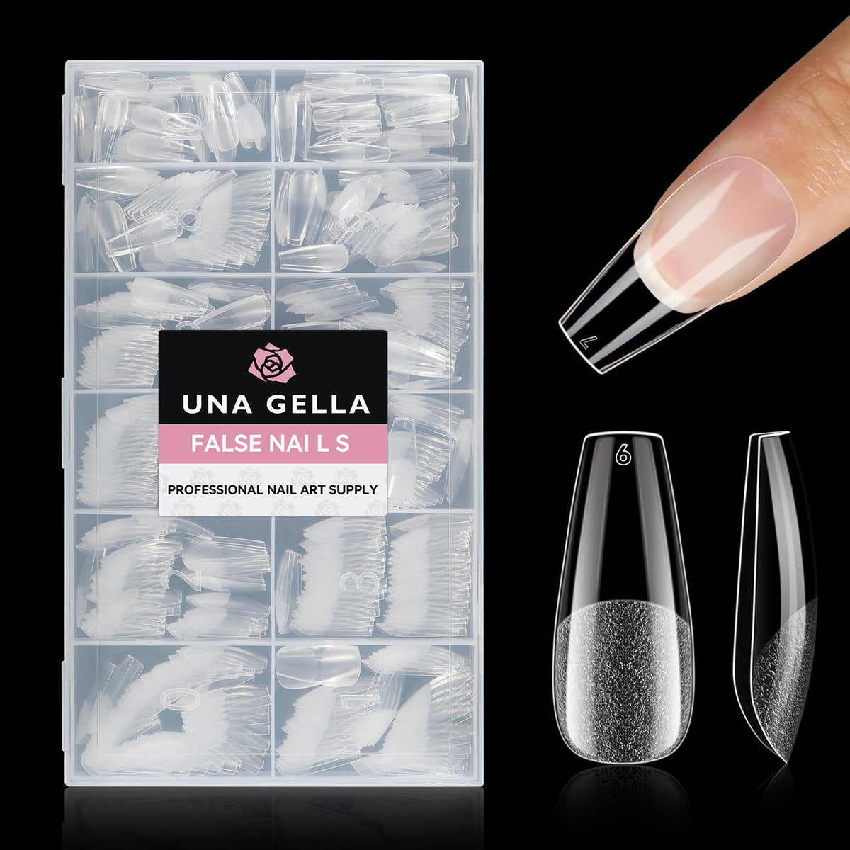 UNA GELLA medium coffin nail tips in box packaging for organized storage and quick selection.