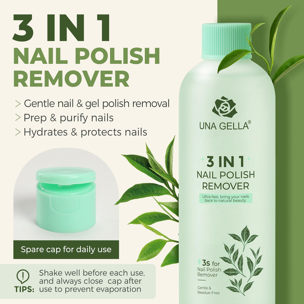 UNA GELLA remover bottle highlighting 8 oz size and camellia seed oil for moisture