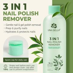 UNA GELLA remover bottle highlighting 8 oz size and camellia seed oil for moisture