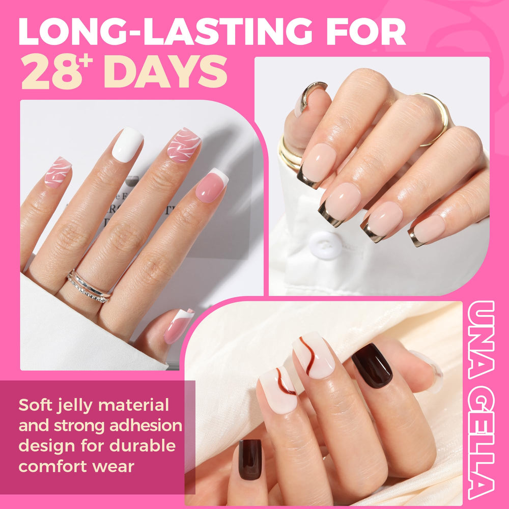 UNA GELLA full-cover tips work with acrylic, dip, or polish.