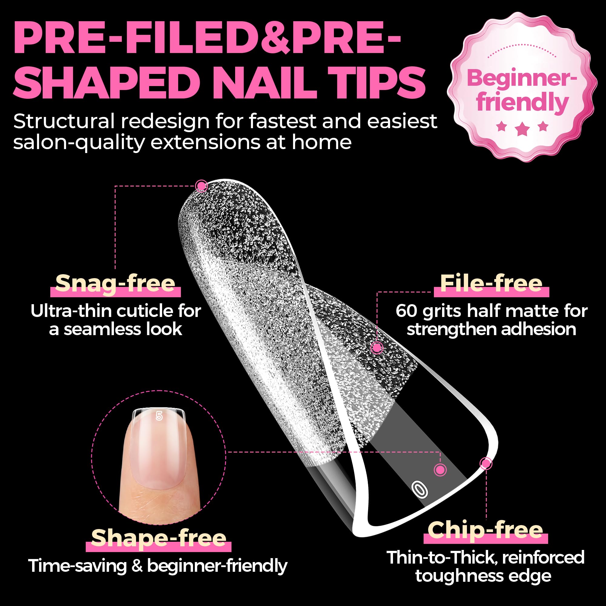 UNA GELLA nail tips; no-trace surface for a clean finish.