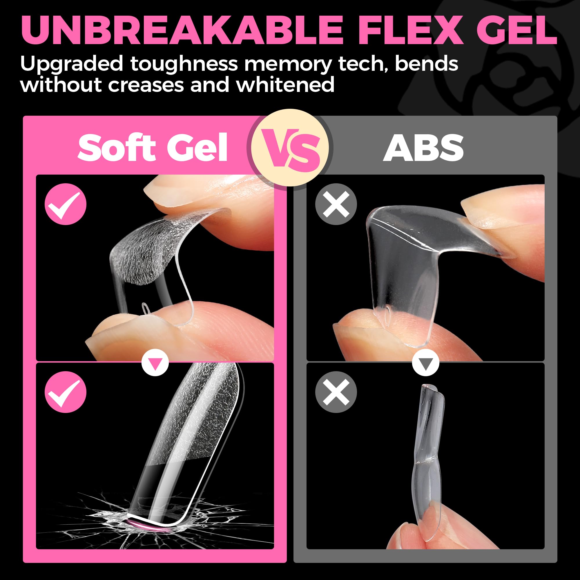UNA GELLA tips; odorless soft gel material for comfortable wear.