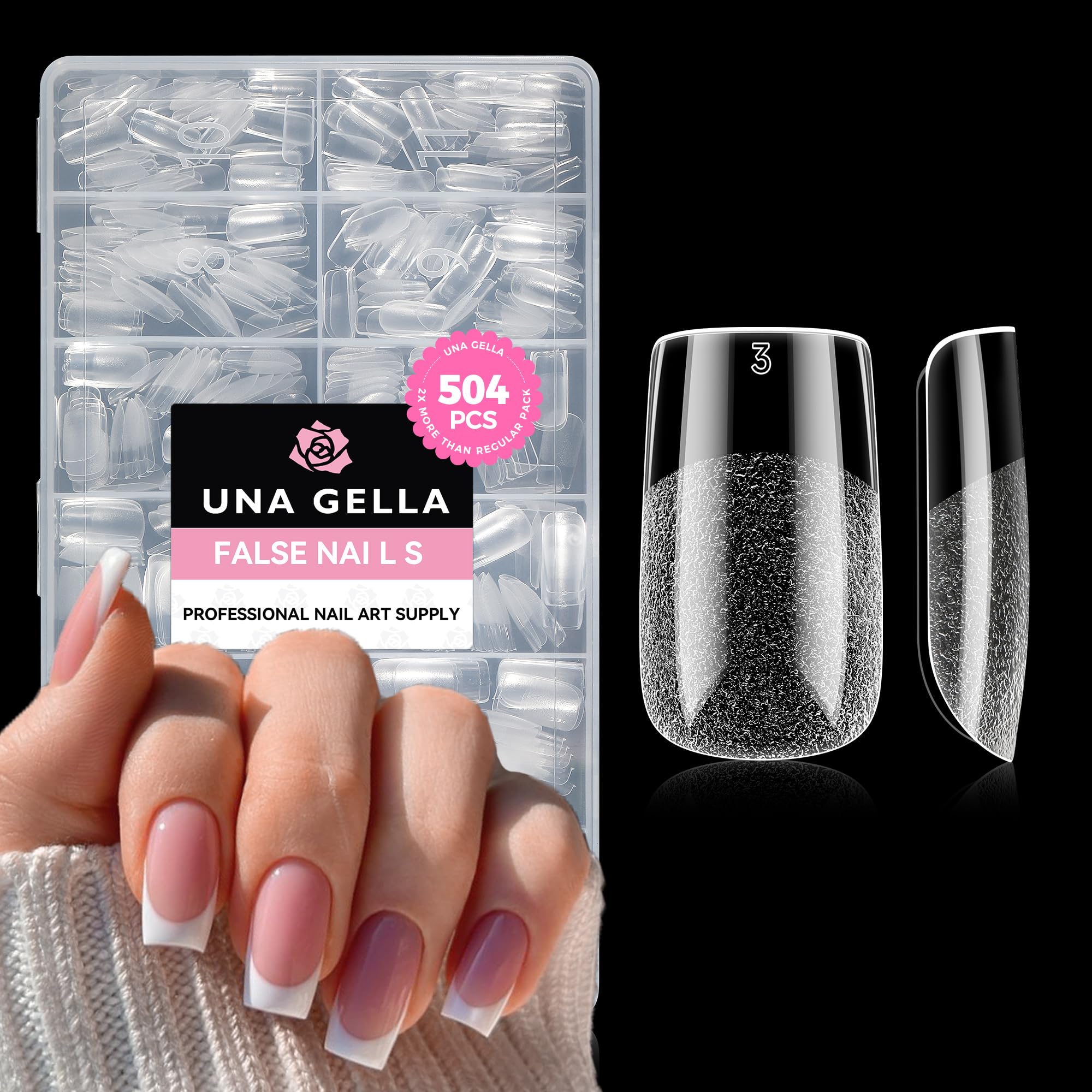 UNA GELLA Nail Tips Square close-up shows soft gel tips with clear coverage for natural-looking extensions.