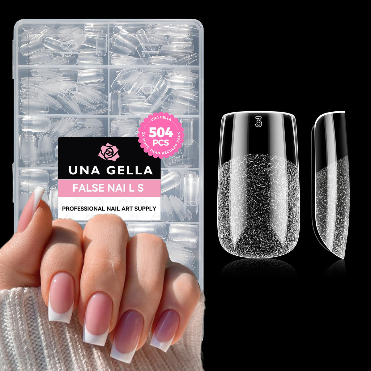UNA GELLA Nail Tips Square close-up shows soft gel tips with clear coverage for natural-looking extensions.