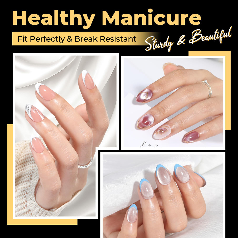 UNA GELLA oval almond tips closeup showing clear gel finish for natural look