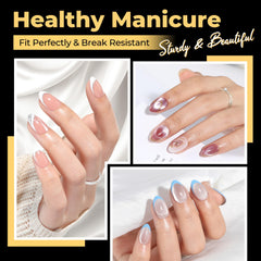 UNA GELLA oval almond tips closeup showing clear gel finish for natural look