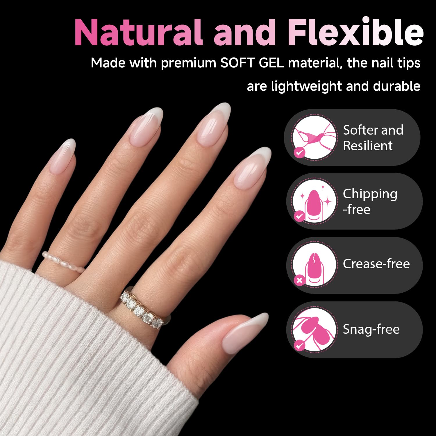 UNA GELLA pre-etched almond nail tips save time shaping.
