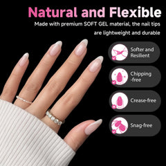 UNA GELLA pre-etched almond nail tips save time shaping.