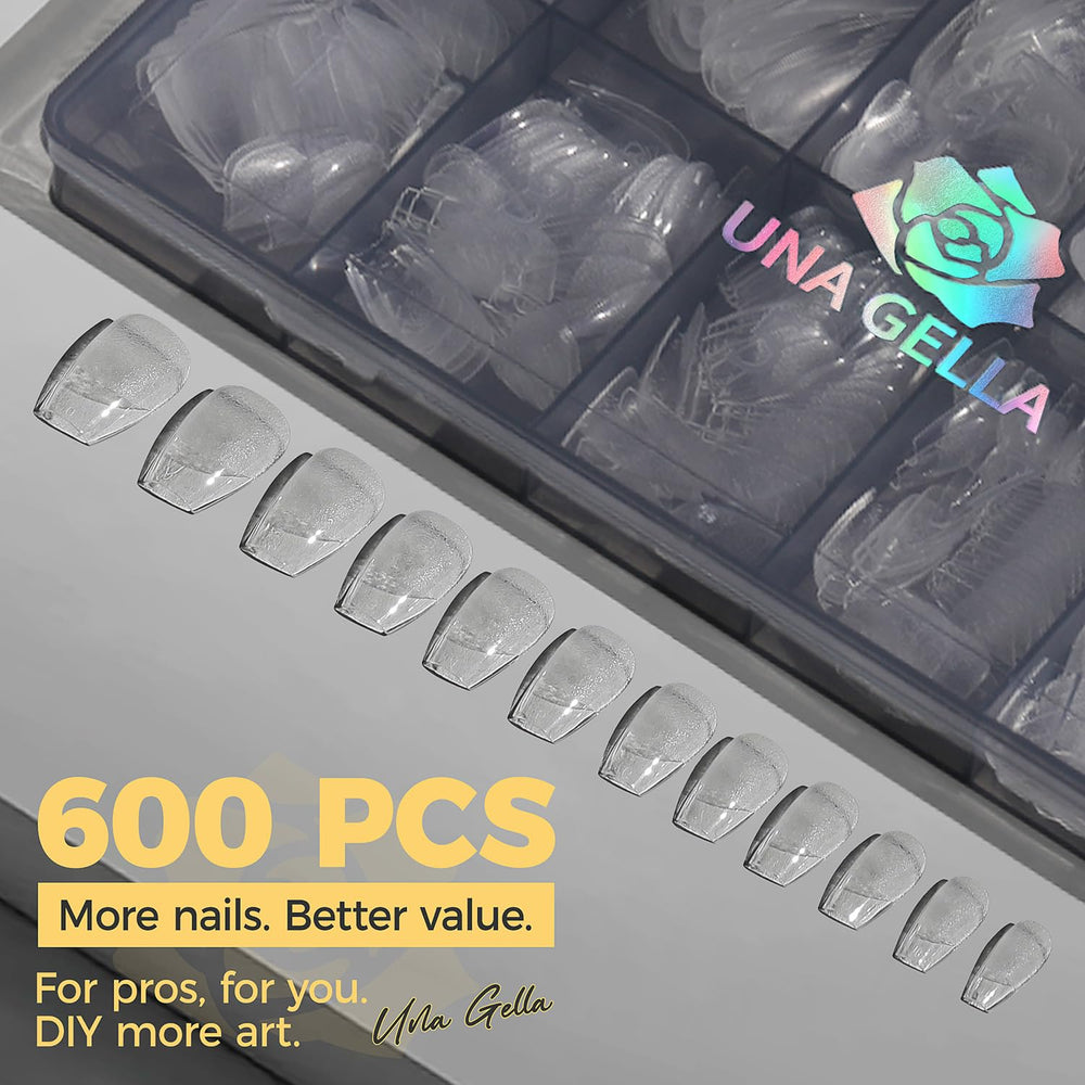 UNA GELLA pre-etched short coffin tips with clean edges for precise shaping