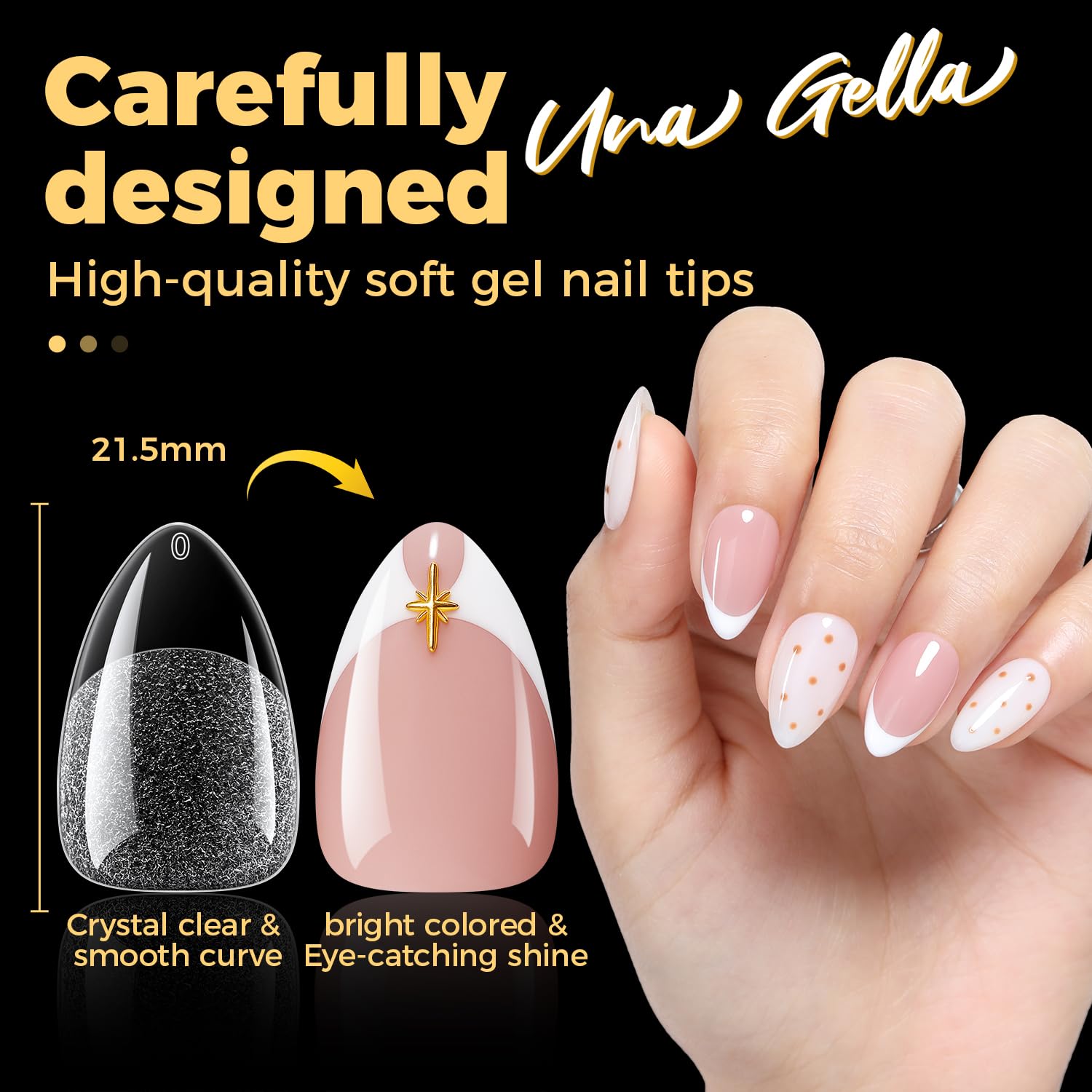 UNA GELLA Short Almond Nail Tips acetone soak-off for safe removal.