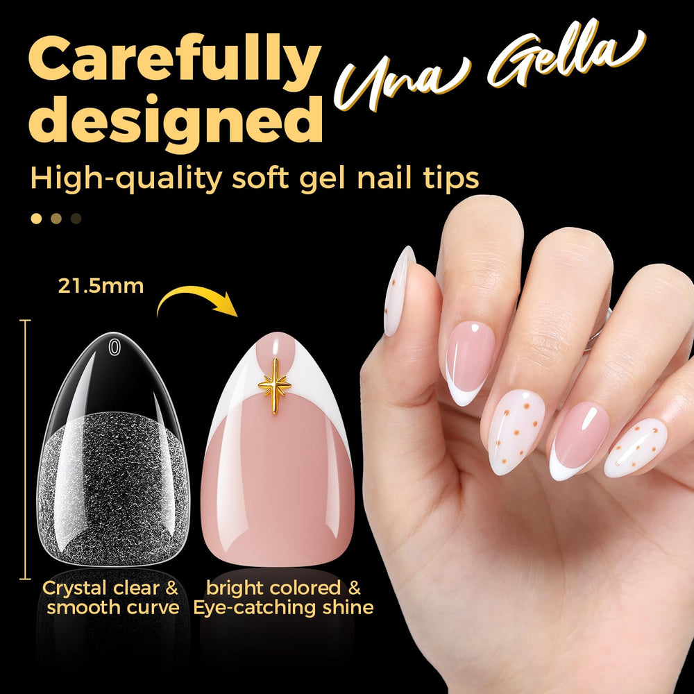 UNA GELLA Short Almond Nail Tips acetone soak-off for safe removal.