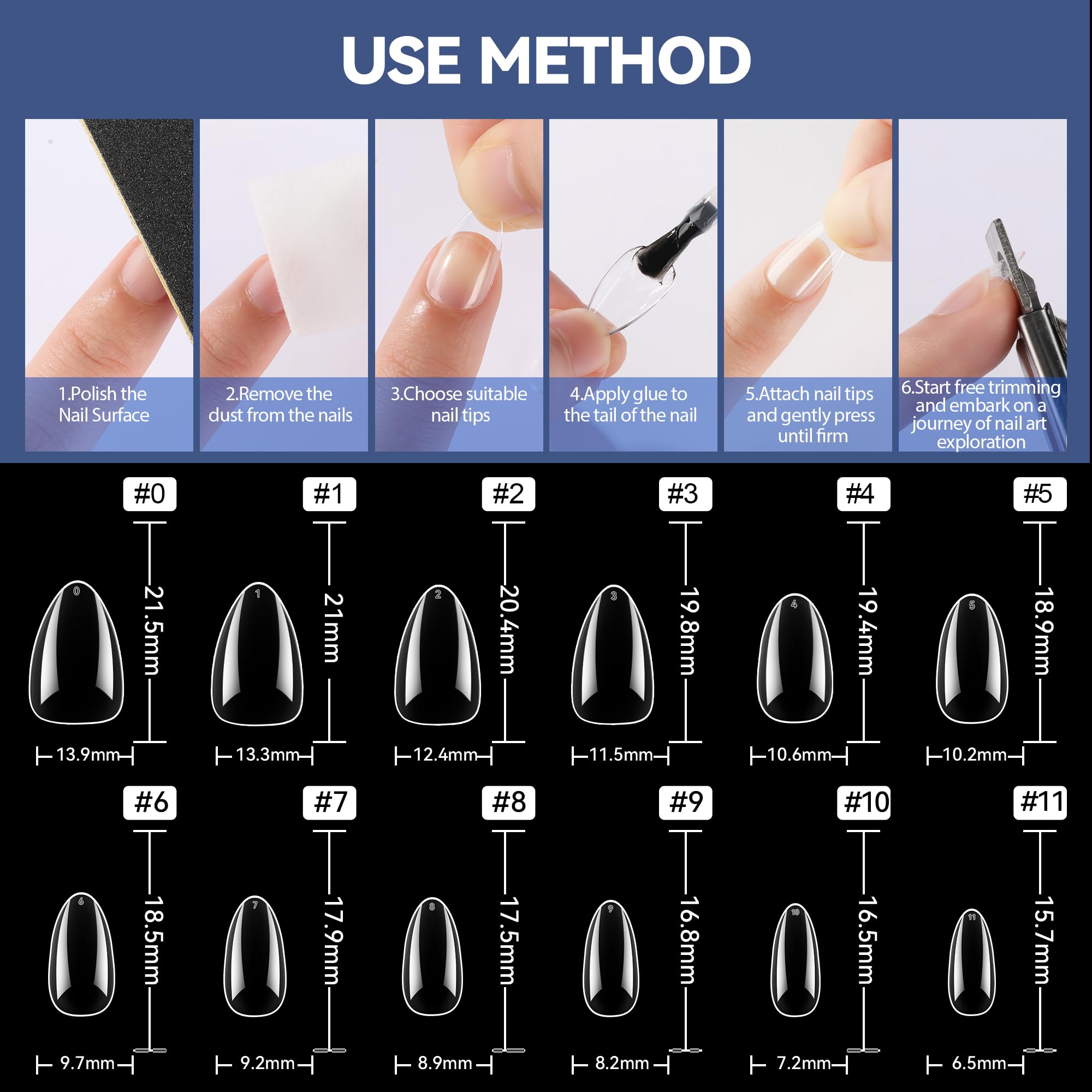 UNA GELLA Short Almond Nail Tips clear surface enhances color visibility for art.