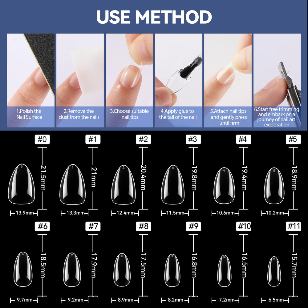 UNA GELLA Short Almond Nail Tips clear surface enhances color visibility for art.