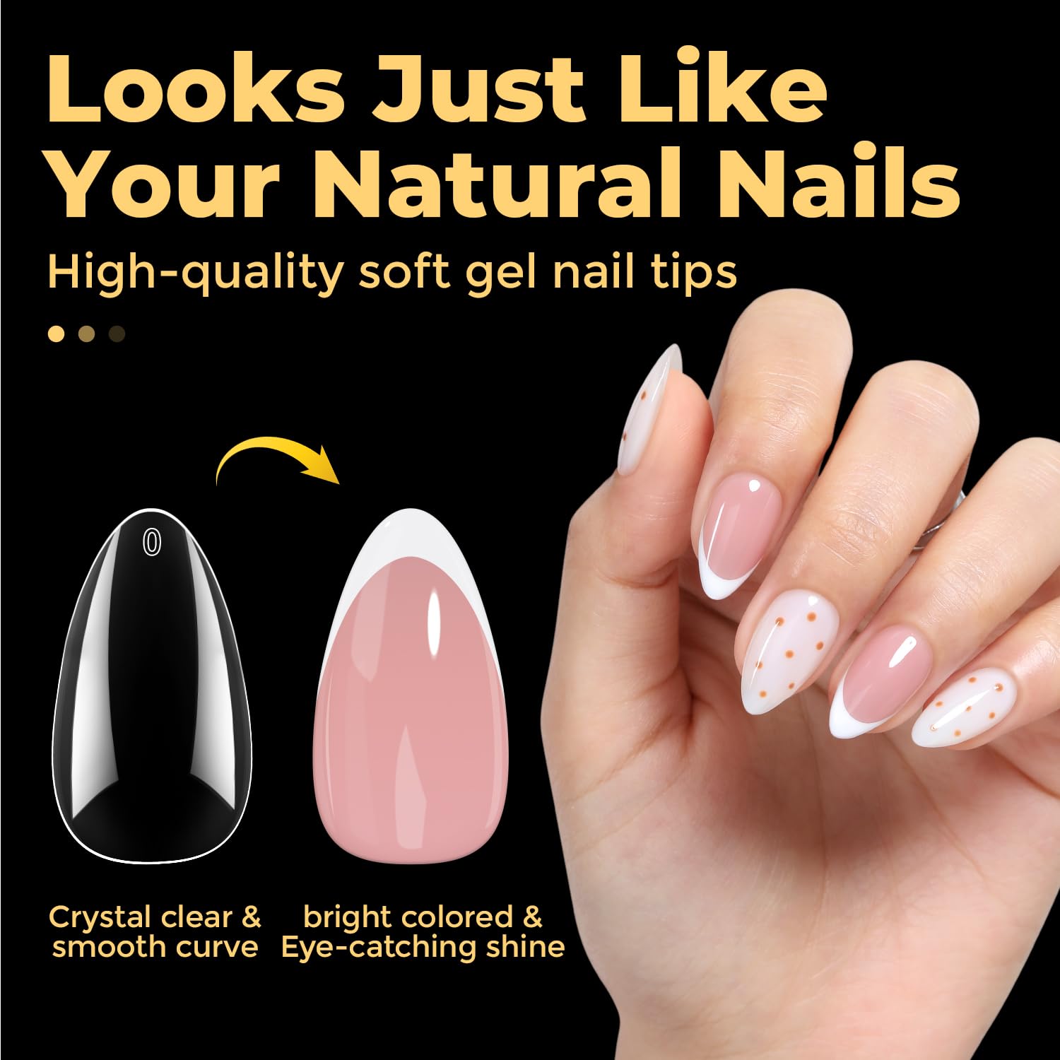 UNA GELLA Short Almond Nail Tips full-cover tips with easy removal via acetone.